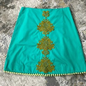 Anthropologie Turquoise A-Line Skirt with Gold Embroidery
